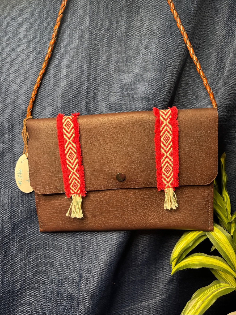 Brown Leather Crossbody Bag with Red Woven Accents